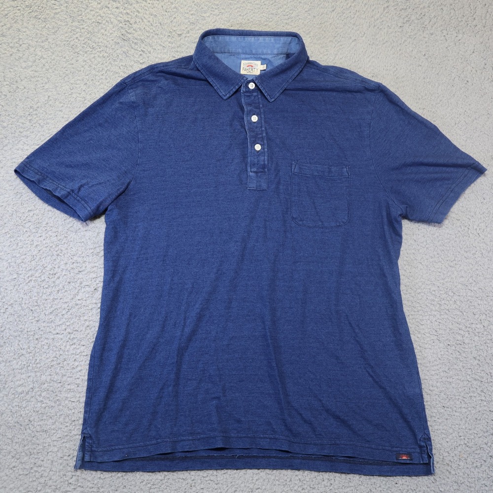 Faherty Brand Mens Indigo Dyed Blue Cotton Short Sleeve Polo Shirt Large L